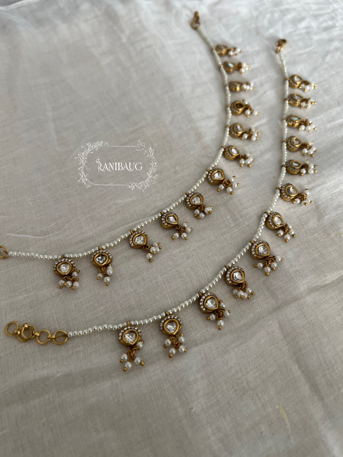 Gitanjali Antique Gold Polki And Shiny Pearls Indian Payal Anklets By Ranibaug