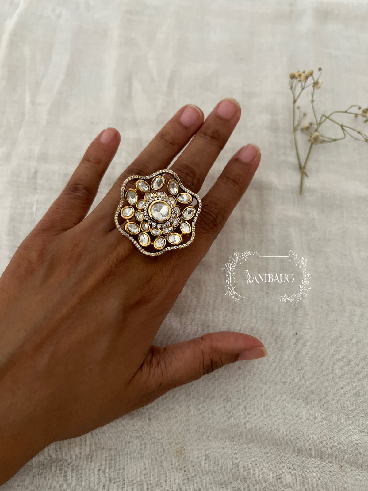 Gitika Floral Kundan Gold Finish Bold Ring By Ranibaug