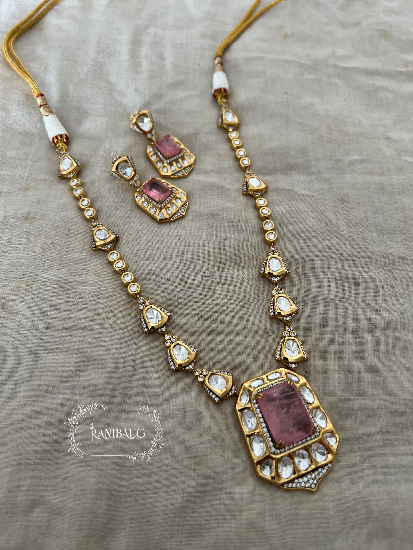 Gulabi Gemstone Motif Polki Kundan Studded Matt Gold Finish Necklace Set With Earrings By Ranibaug