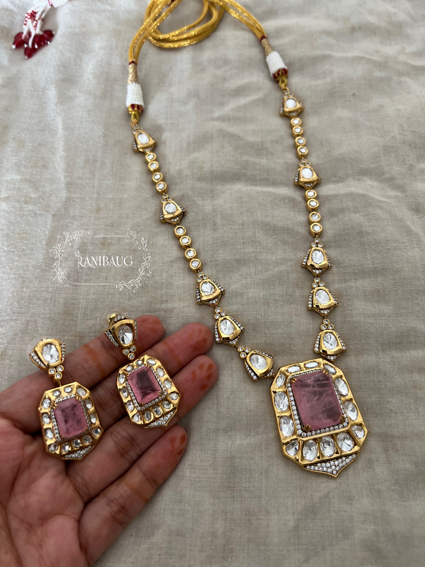 Gulabi Gemstone Motif Polki Kundan Studded Matt Gold Finish Necklace Set With Earrings By Ranibaug