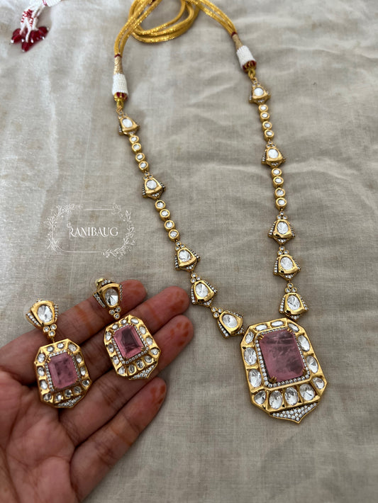 Gulabi Gemstone Motif Polki Kundan Studded Matt Gold Finish Necklace Set With Earrings By Ranibaug