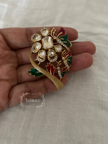 Gulmohar Gold Finish Polki Kundan Studded Floral Brooch By Ranibaug