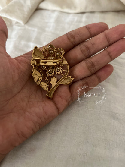 Gulmohar Gold Finish Polki Kundan Studded Floral Brooch By Ranibaug