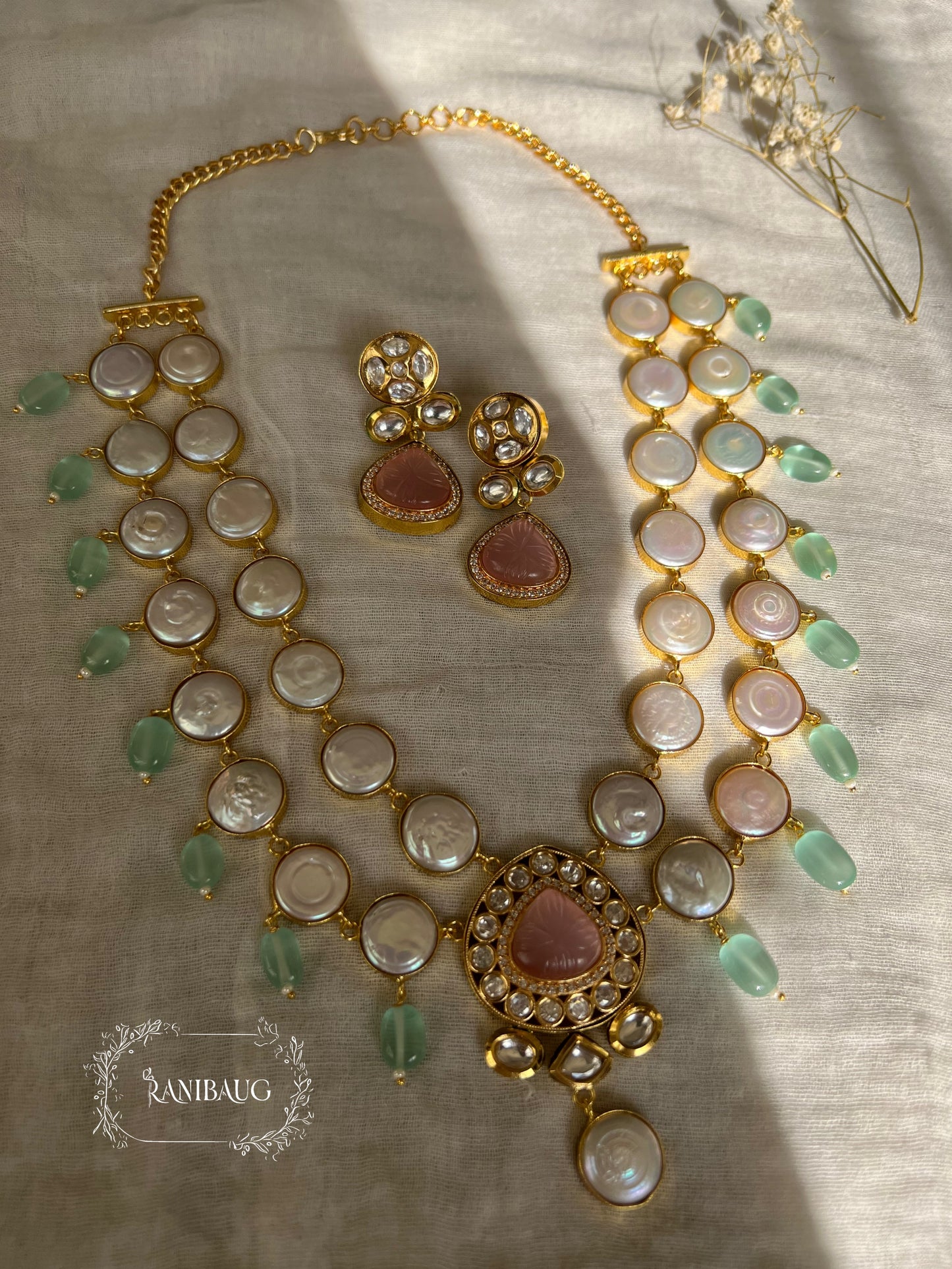 Gulnaar Semi Precious Two Layered Vintage Charm Style Semi Precious Jewellery Set Featuring Real Baroque Pearls Studs And Agate In Rich Gold Finish By Ranibaug | Semi Precious Necklace Collection 2026