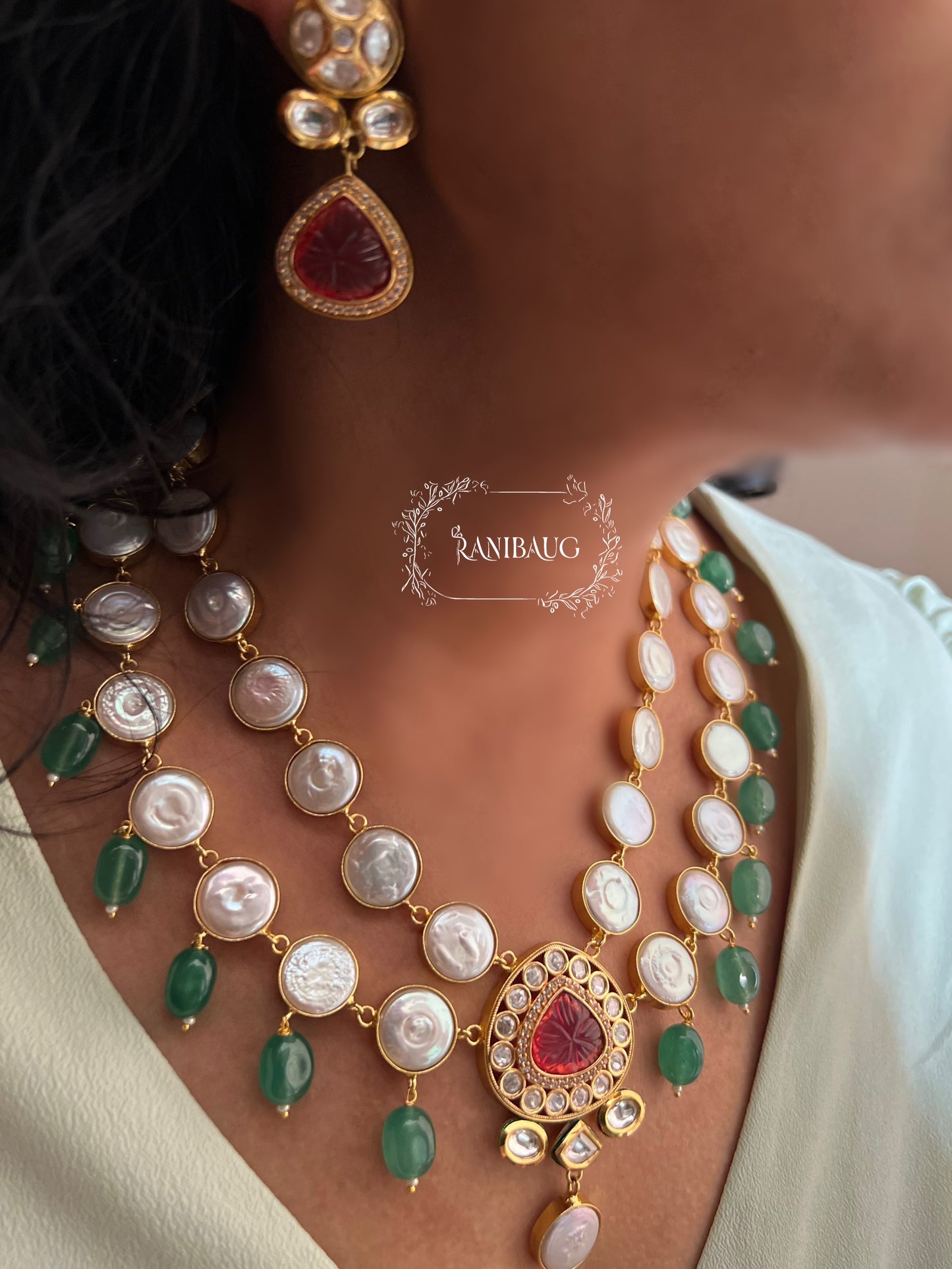 Gulnaar Semi Precious Two Layered Vintage Charm Style Semi Precious Jewellery Set Featuring Real Baroque Pearls Studs And Agate In Rich Gold Finish By Ranibaug | Semi Precious Necklace Collection 2026