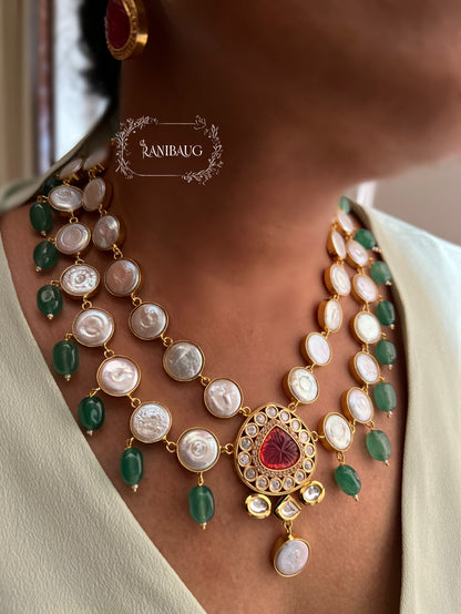 Gulnaar Semi Precious Two Layered Vintage Charm Style Semi Precious Jewellery Set Featuring Real Baroque Pearls Studs And Agate In Rich Gold Finish By Ranibaug | Semi Precious Necklace Collection 2026