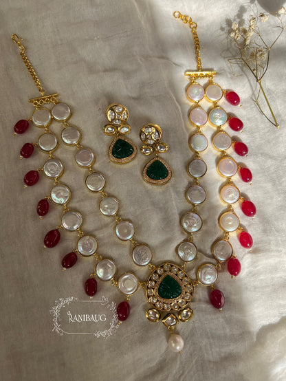 Gulnaar Semi Precious Two Layered Vintage Charm Style Semi Precious Jewellery Set Featuring Real Baroque Pearls Studs And Agate In Rich Gold Finish By Ranibaug | Semi Precious Necklace Collection 2026
