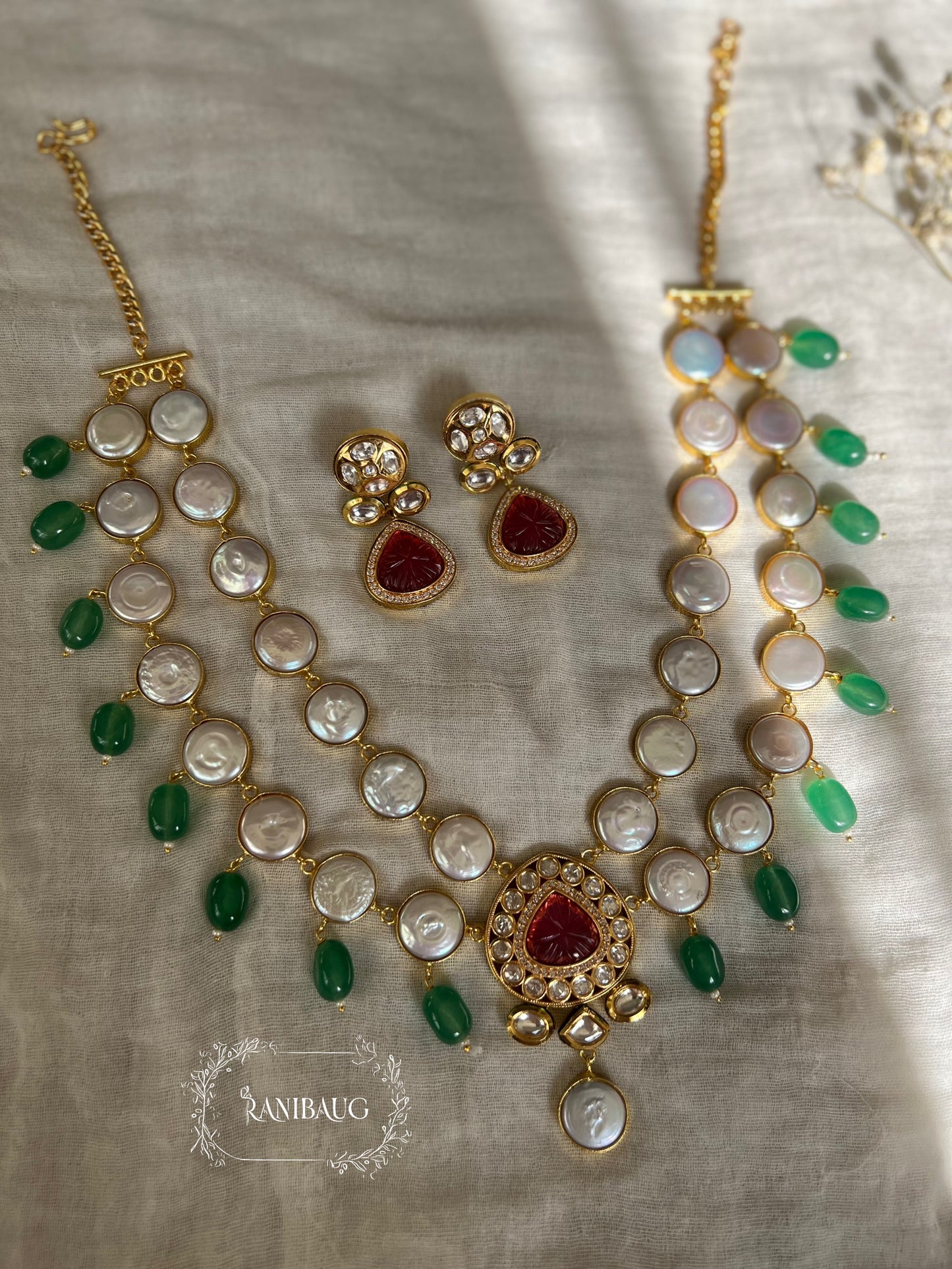 Gulnaar Semi Precious Two Layered Vintage Charm Style Semi Precious Jewellery Set Featuring Real Baroque Pearls Studs And Agate In Rich Gold Finish By Ranibaug | Semi Precious Necklace Collection 2026