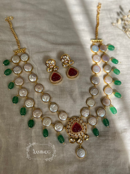 Gulnaar Semi Precious Two Layered Vintage Charm Style Semi Precious Jewellery Set Featuring Real Baroque Pearls Studs And Agate In Rich Gold Finish By Ranibaug | Semi Precious Necklace Collection 2026