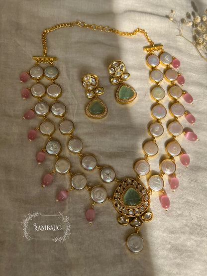 Gulnaar Semi Precious Two Layered Vintage Charm Style Semi Precious Jewellery Set Featuring Real Baroque Pearls Studs And Agate In Rich Gold Finish By Ranibaug | Semi Precious Necklace Collection 2026