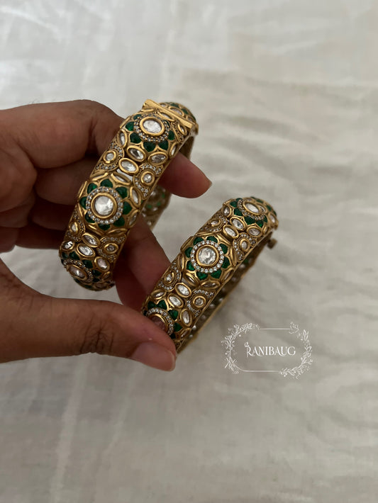 Gulnazar Gold Finish Polki Emerald Festive Bangle Wedding Jewelry By Ranibaug
