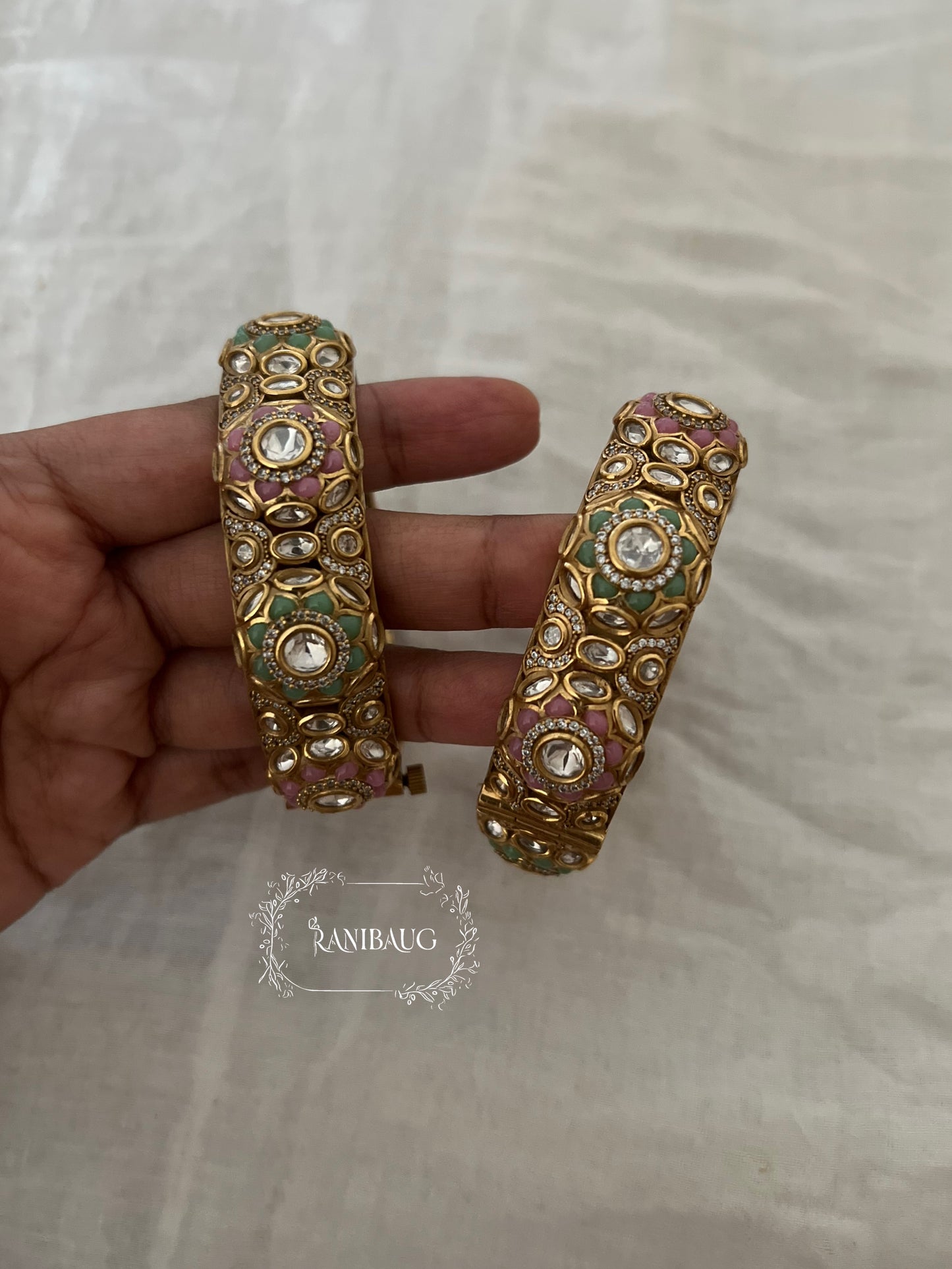 Gulnazar Gold Finish Polki Emerald Festive Bangle Wedding Jewelry By Ranibaug