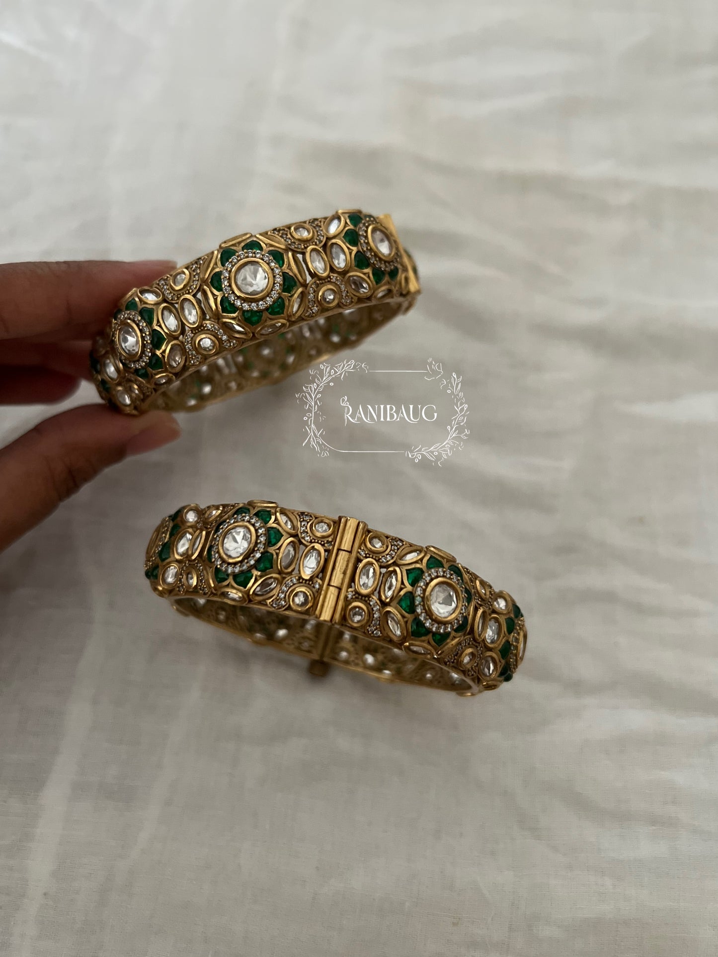 Gulnazar Gold Finish Polki Emerald Festive Bangle Wedding Jewelry By Ranibaug