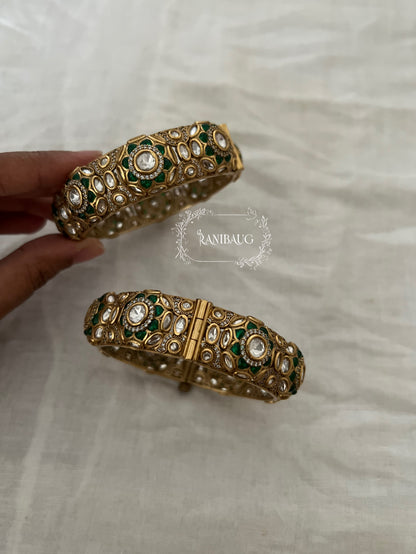 Gulnazar Gold Finish Polki Emerald Festive Bangle Wedding Jewelry By Ranibaug