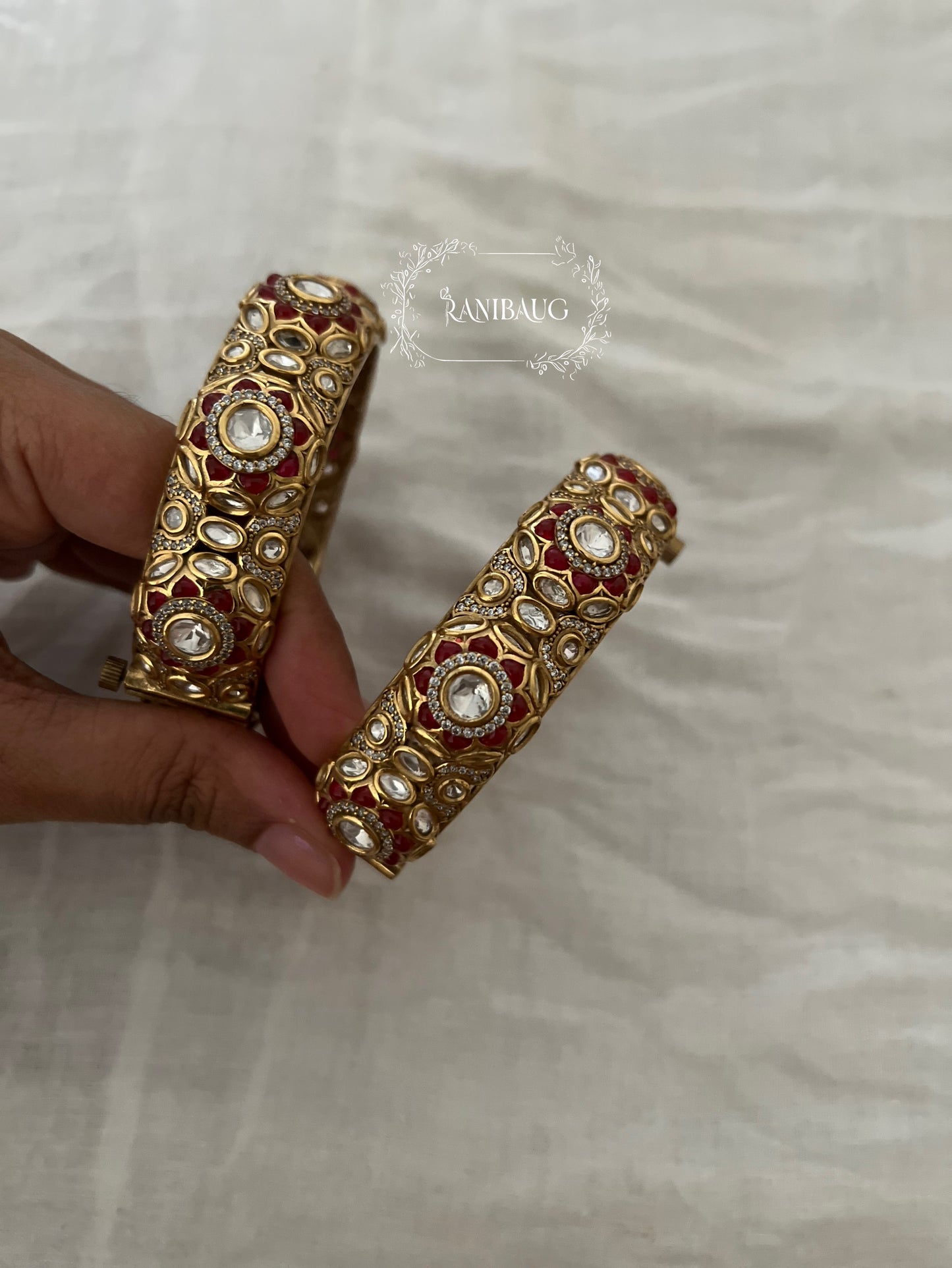 Gulnazar Gold Finish Polki Emerald Festive Bangle Wedding Jewelry By Ranibaug