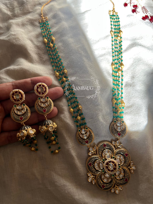 Gulrukhi Royal Flower Pendant Motif Polki Studded In Premium Gold Victorian Finish With Emerald Stone Accents By Ranibaug