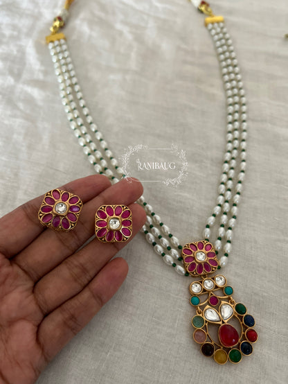 Guntaz Kundan Studded Gold Finish Pearl Strand Enamel Floral Motif Necklace Set By Ranibaug