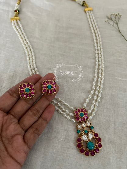 Guntaz Kundan Studded Gold Finish Pearl Strand Enamel Floral Motif Necklace Set By Ranibaug