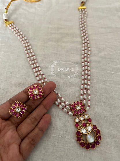 Guntaz Kundan Studded Gold Finish Pearl Strand Enamel Floral Motif Necklace Set By Ranibaug