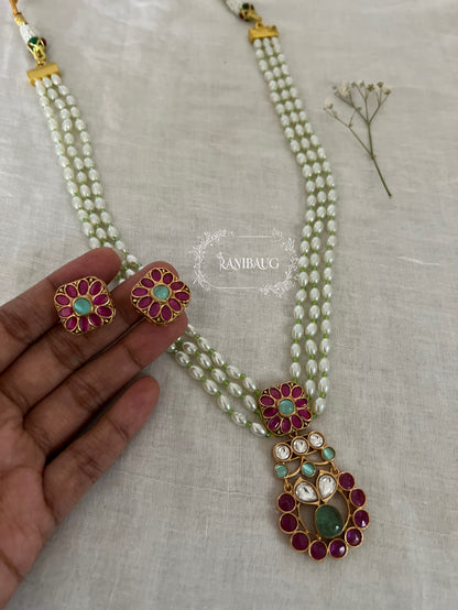 Guntaz Kundan Studded Gold Finish Pearl Strand Enamel Floral Motif Necklace Set By Ranibaug