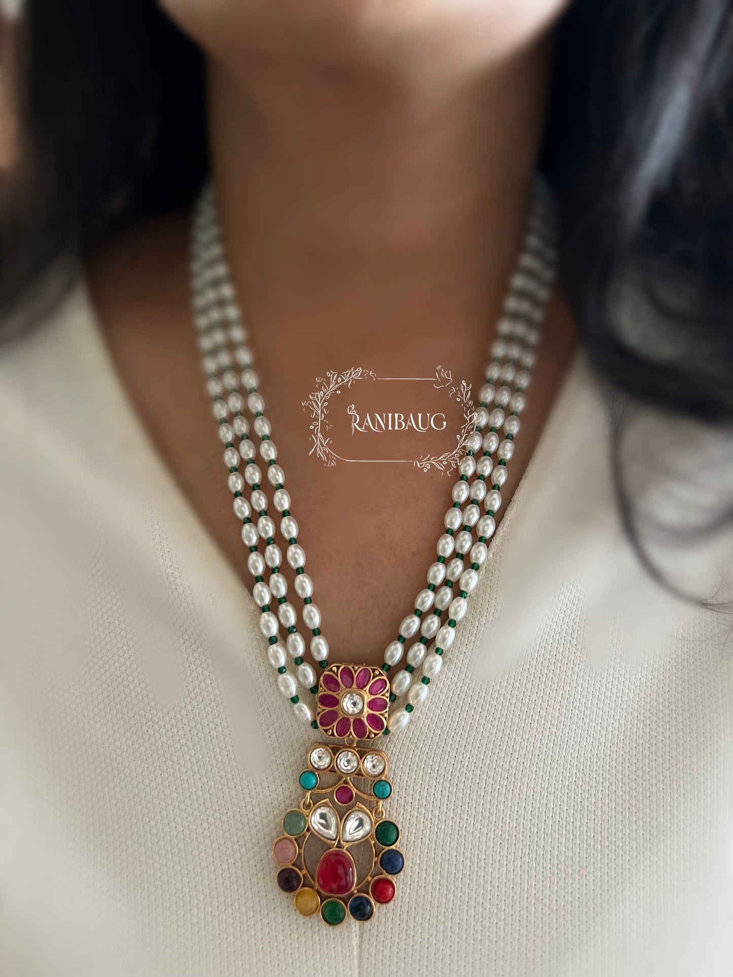 Guntaz Kundan Studded Gold Finish Pearl Strand Enamel Floral Motif Necklace Set By Ranibaug
