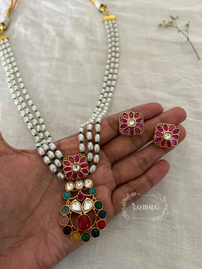 Guntaz Kundan Studded Gold Finish Pearl Strand Enamel Floral Motif Necklace Set By Ranibaug
