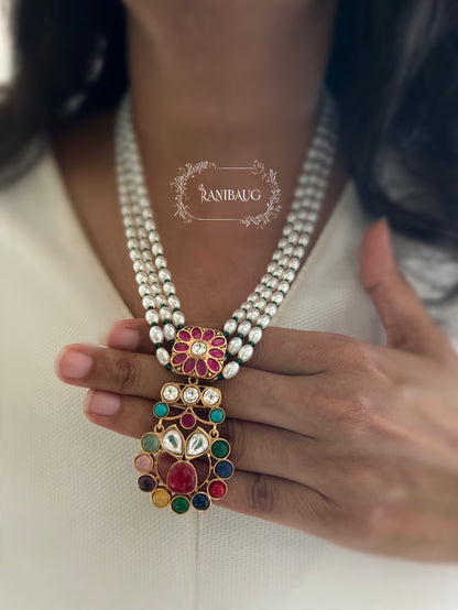 Guntaz Kundan Studded Gold Finish Pearl Strand Enamel Floral Motif Necklace Set By Ranibaug