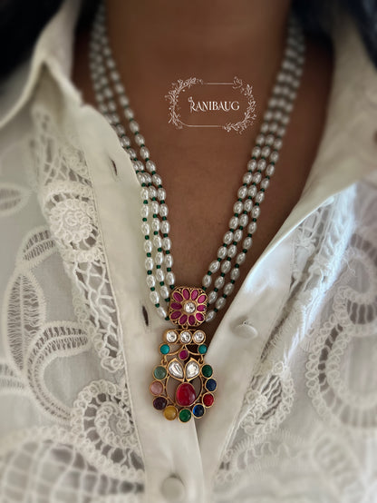 Guntaz Kundan Studded Gold Finish Pearl Strand Enamel Floral Motif Necklace Set By Ranibaug