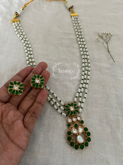 Guntaz Kundan Studded Gold Finish Pearl Strand Enamel Floral Motif Necklace Set By Ranibaug