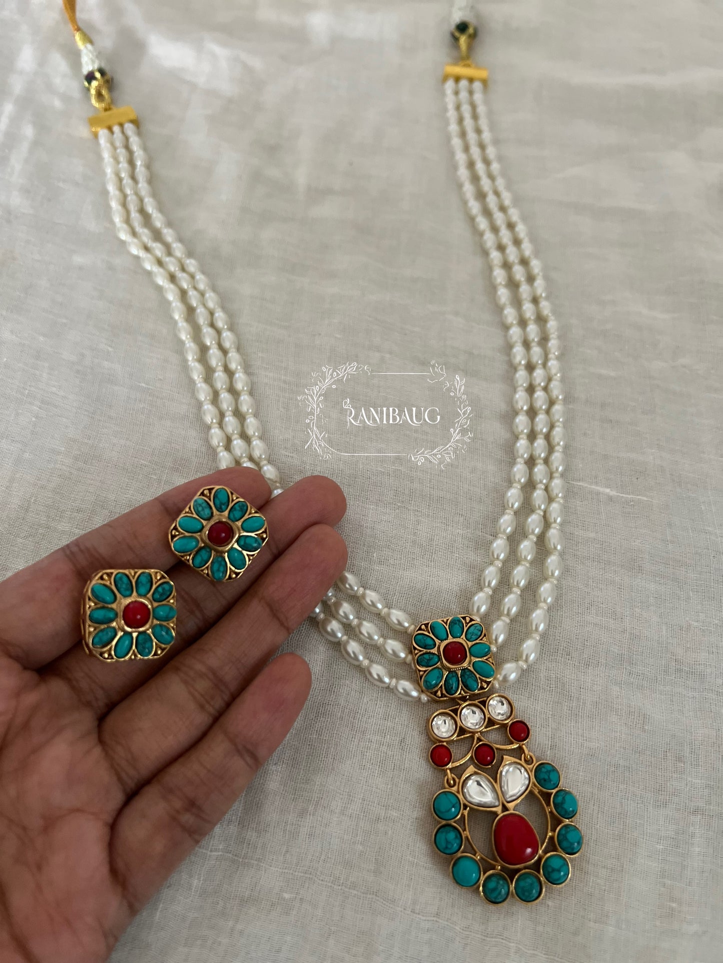 Guntaz Kundan Studded Gold Finish Pearl Strand Enamel Floral Motif Necklace Set By Ranibaug