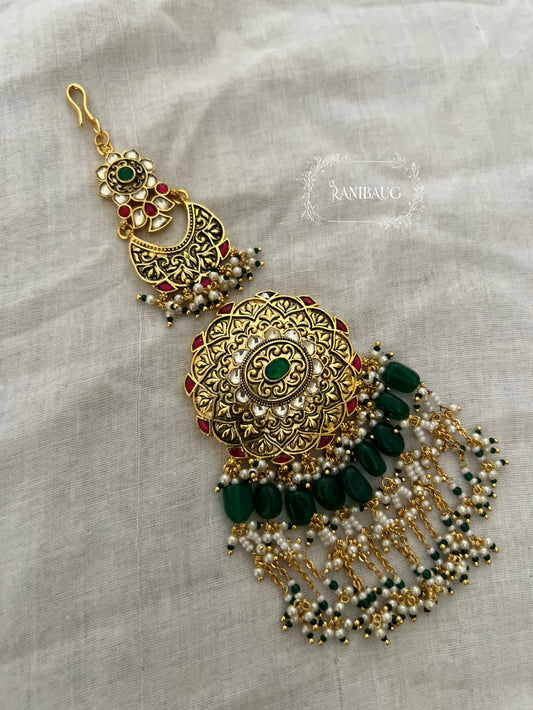 Halima Heritage Beaded Ruby Emerald Accent Gold Finish Passa Side Maang Tikka By Ranibaug