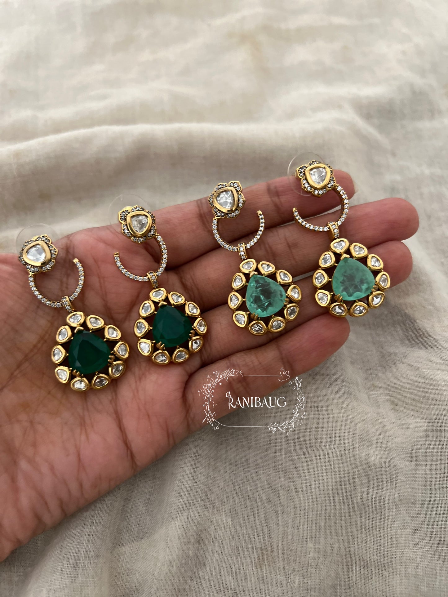 Hanaya Polki Hoop Stud Gold Finish Polki Gemstone Drop Stud Earrings By Ranibaug