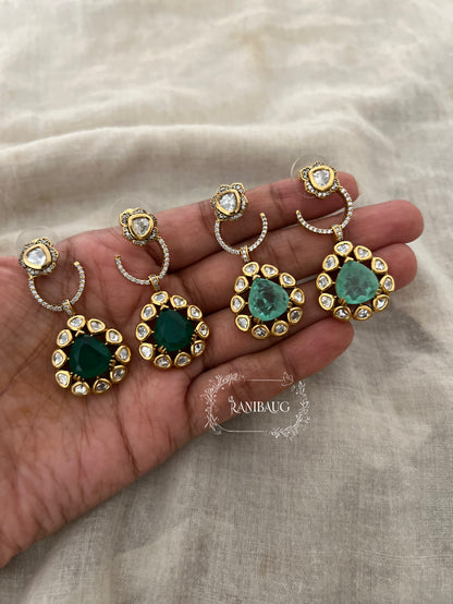 Hanaya Polki Hoop Stud Gold Finish Polki Gemstone Drop Stud Earrings By Ranibaug