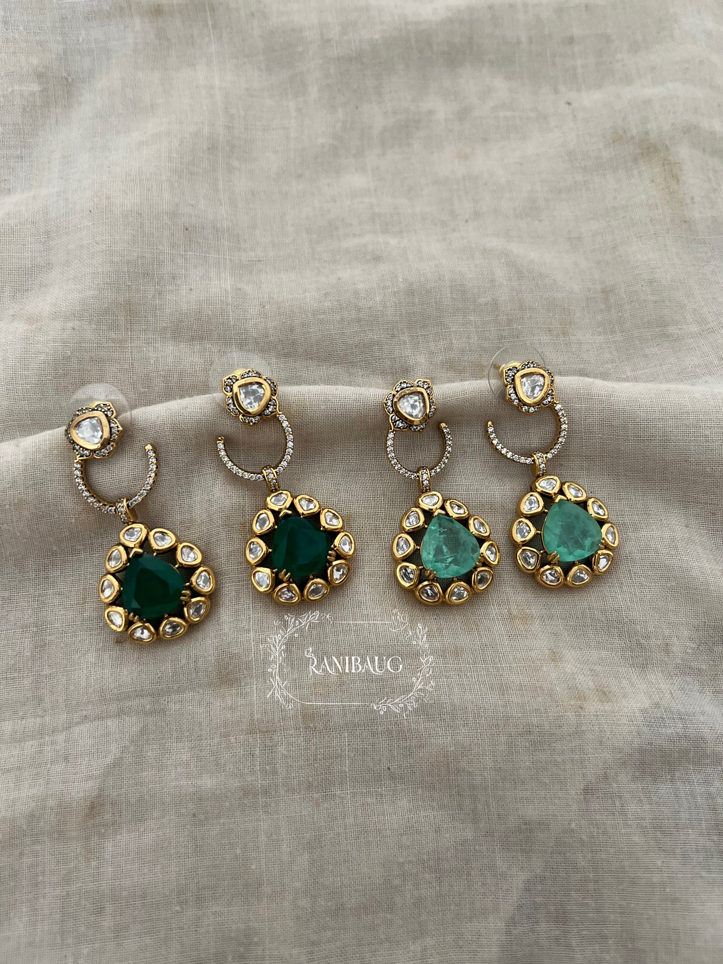 Hanaya Polki Hoop Stud Gold Finish Polki Gemstone Drop Stud Earrings By Ranibaug