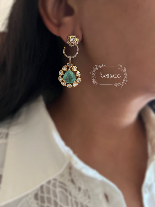 Hanaya Polki Hoop Stud Gold Finish Polki Gemstone Drop Stud Earrings By Ranibaug