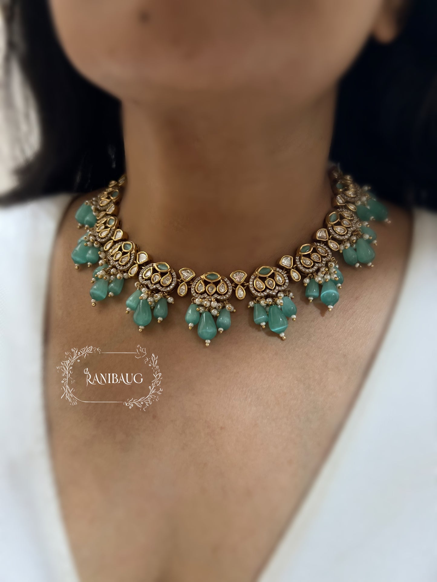 Hanaya Polki Kundan Gold Finish Pearl Stone Drop Classic Festive Jewelry Set By Ranibaug