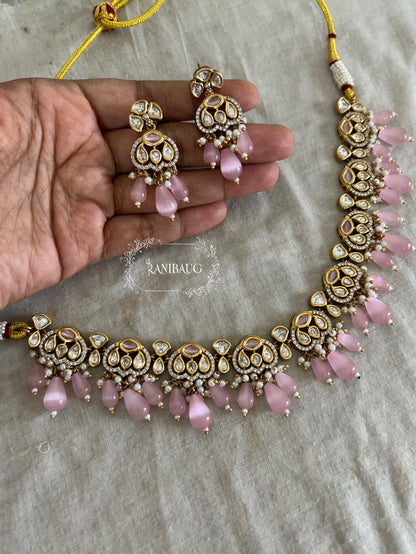 Hanaya Polki Kundan Gold Finish Pearl Stone Drop Classic Festive Jewelry Set By Ranibaug