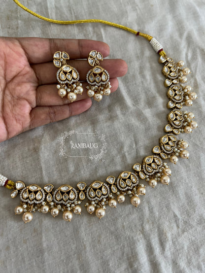 Hanaya Polki Kundan Gold Finish Pearl Stone Drop Classic Festive Jewelry Set By Ranibaug