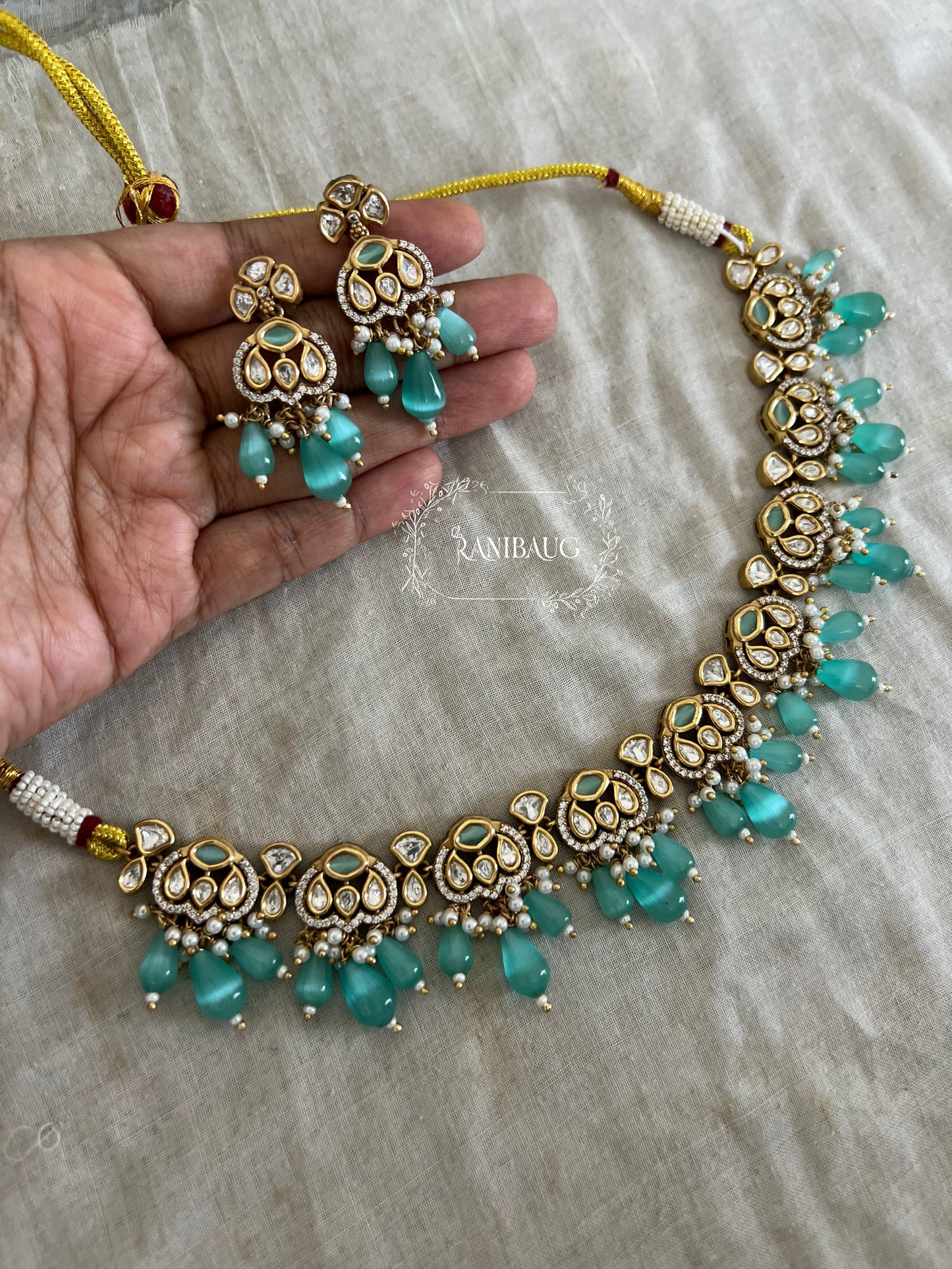 Hanaya Polki Kundan Gold Finish Pearl Stone Drop Classic Festive Jewelry Set By Ranibaug