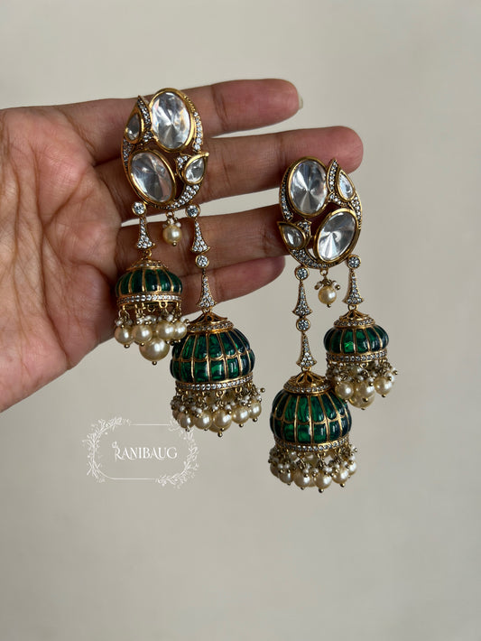 Haneet Long Layered Tassel Jhumki Kundan Studded Antique Gold Finish Bridal Earrings By Ranibaug