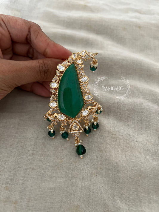 Harihar Green Stone Victorian Gold Finish Kundan Studded Bead Accents Kalgi Jewellery For Men By Ranibaug