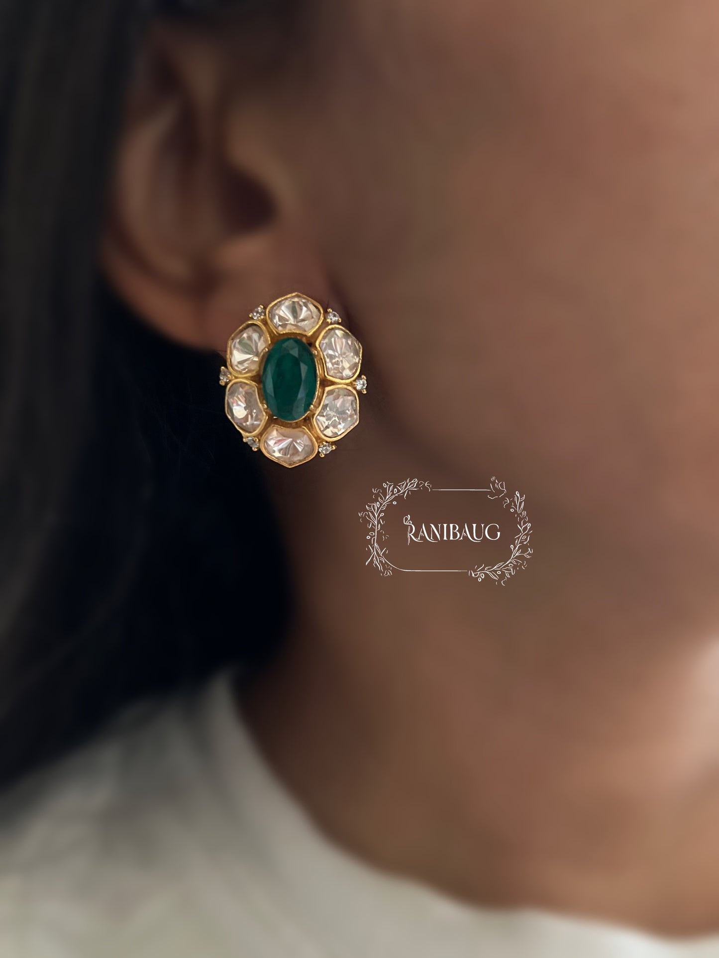 Haritika Floral Polki Kundan Studded Gold Finish Ear Studs By Ranibaug