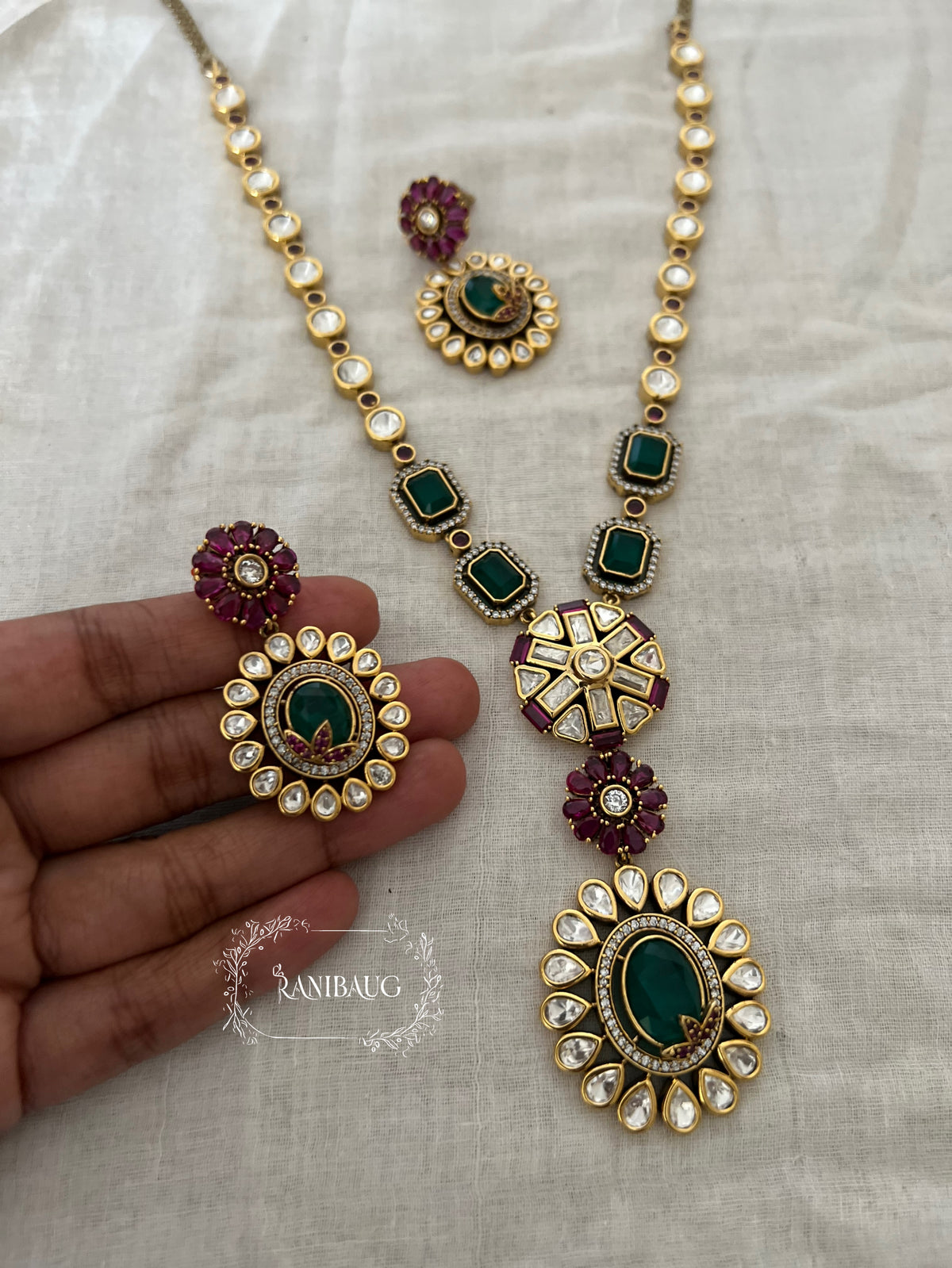 Harsha Emerald Ruby Gold Finish Polki Adorned Designer Necklace Set By Ranibaug