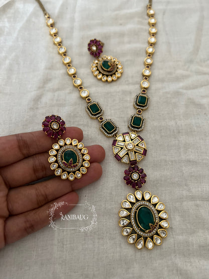 Harsha Emerald Ruby Gold Finish Polki Adorned Designer Necklace Set By Ranibaug