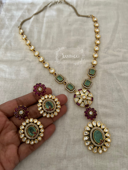 Harsha Emerald Ruby Gold Finish Polki Adorned Designer Necklace Set By Ranibaug