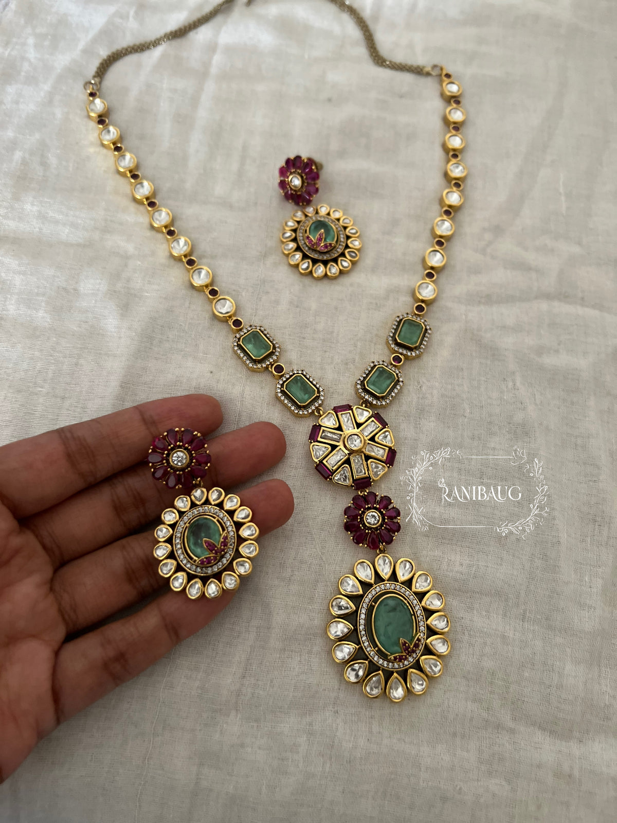 Harsha Emerald Ruby Gold Finish Polki Adorned Designer Necklace Set By Ranibaug