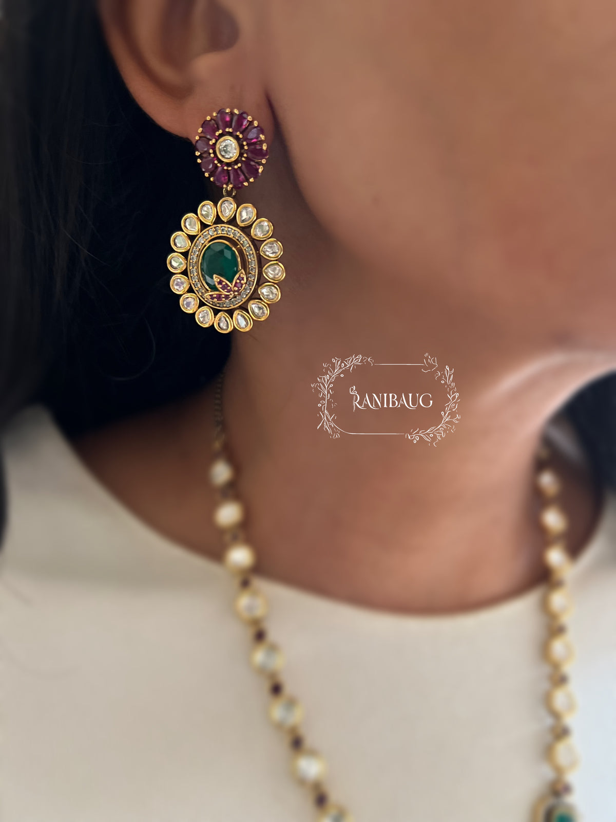 Harsha Emerald Ruby Gold Finish Polki Adorned Designer Necklace Set By Ranibaug