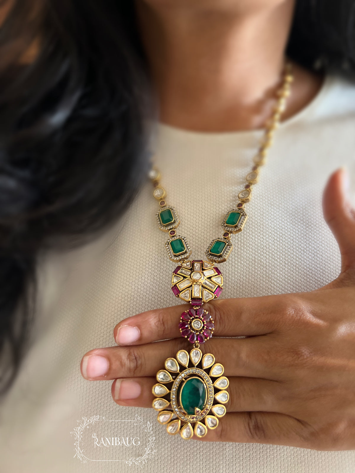 Harsha Emerald Ruby Gold Finish Polki Adorned Designer Necklace Set By Ranibaug