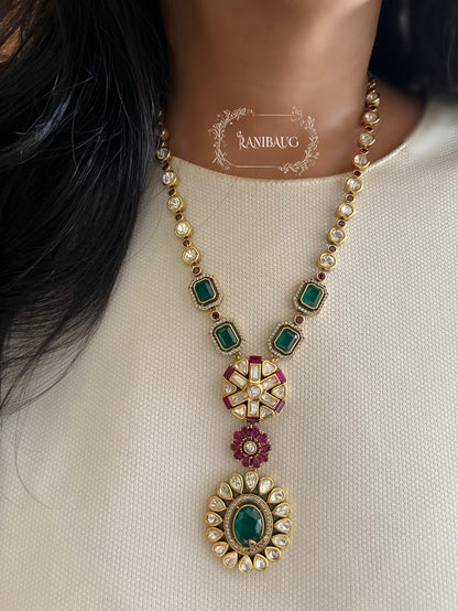 Harsha Emerald Ruby Gold Finish Polki Adorned Designer Necklace Set By Ranibaug