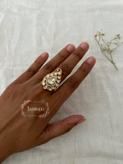 Harsha Gold Plated Intricate Leaf Shaped Kundan Surrounding Teardrop Gemstone Ring Jewelry By Ranibaug